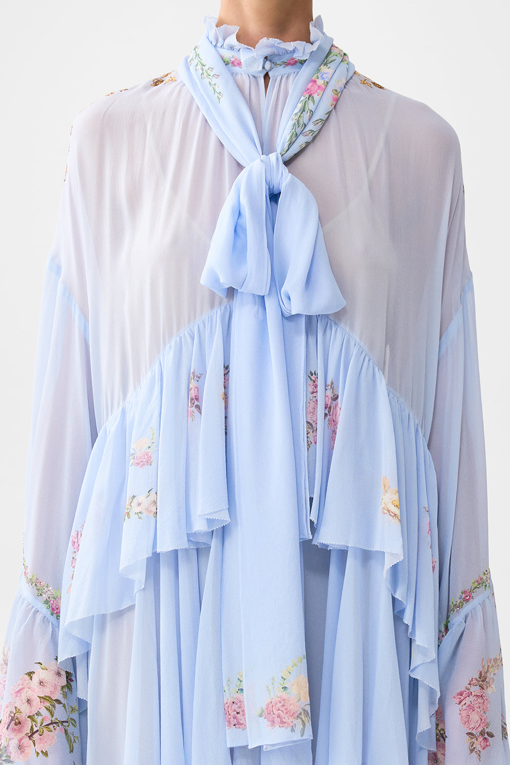 The CAMILLA ruffle high low dress with long sleeve from our print tiled in time