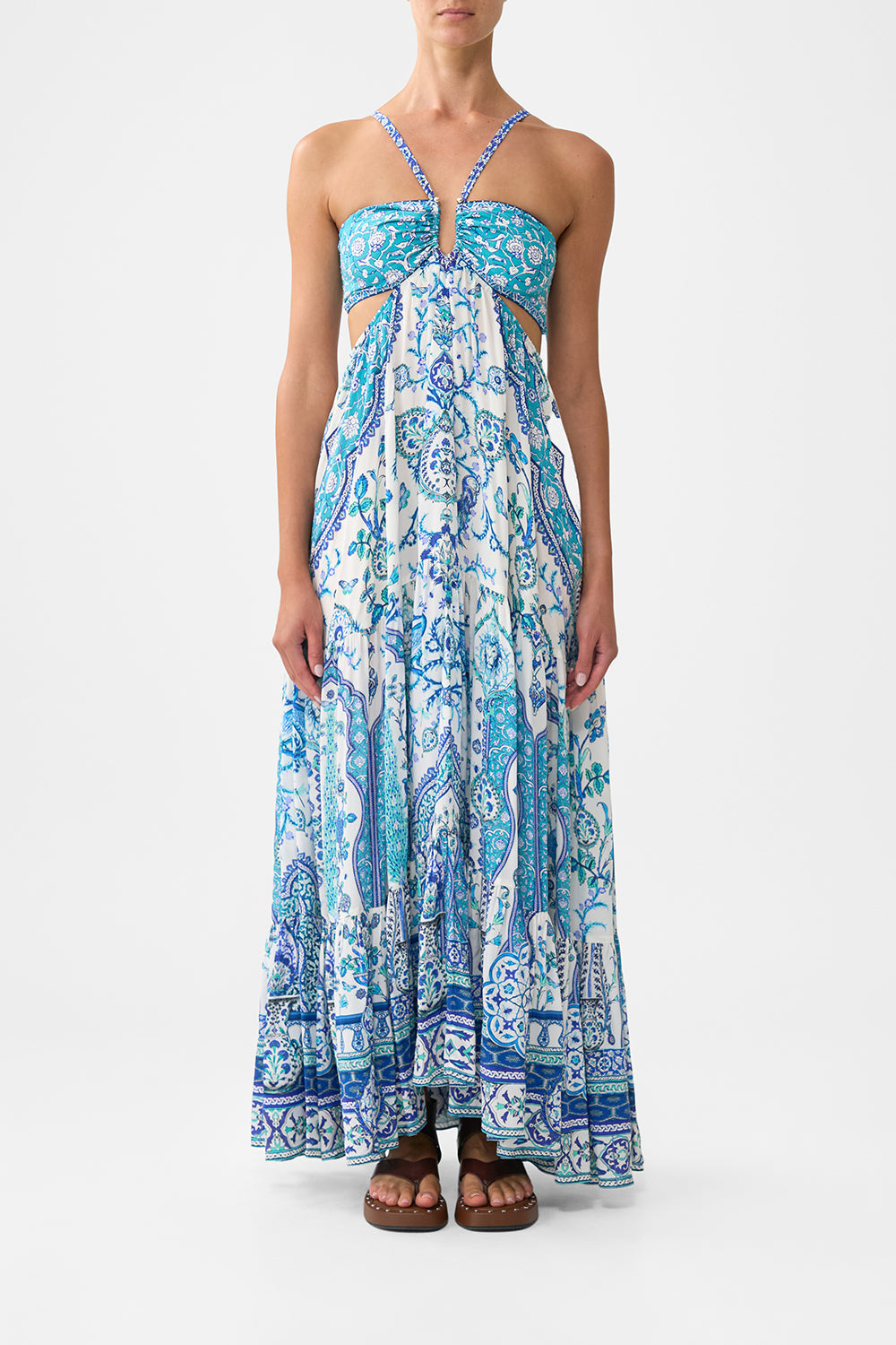 The CAMILLA gathered cut out dress from our print Isnik lullaby