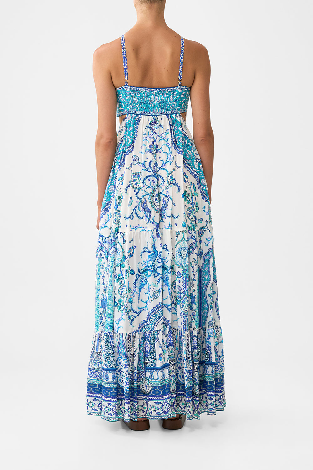 The CAMILLA gathered cut out dress from our print Isnik lullaby