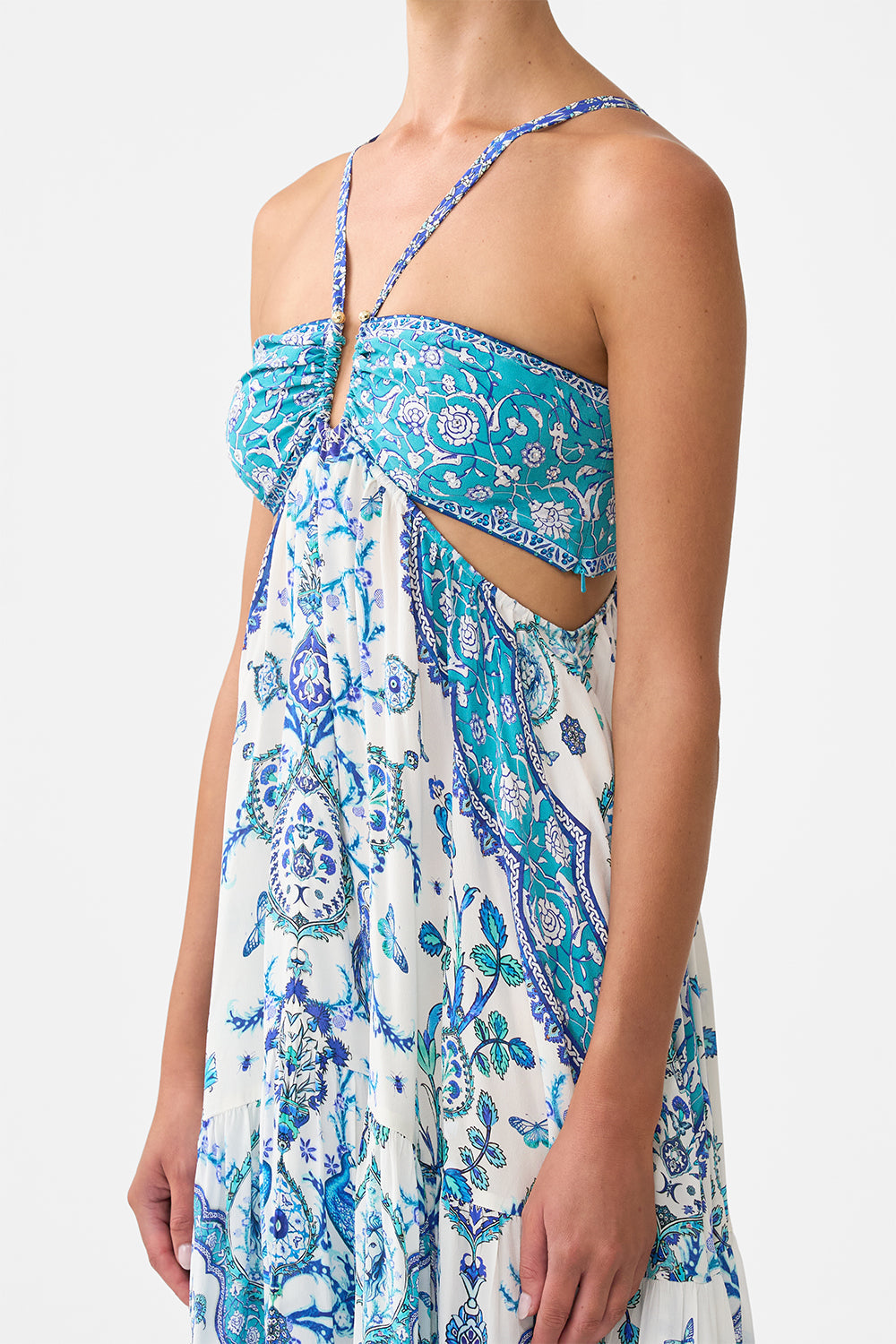 The CAMILLA gathered cut out dress from our print Isnik lullaby