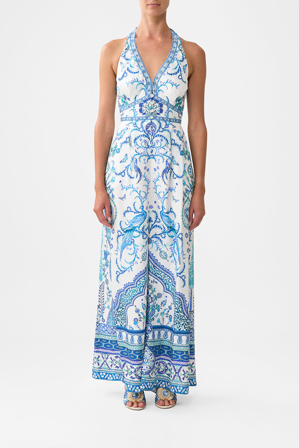 The CAMILLA halterneck jumpsuit with tie neck from our print Isnik lullaby