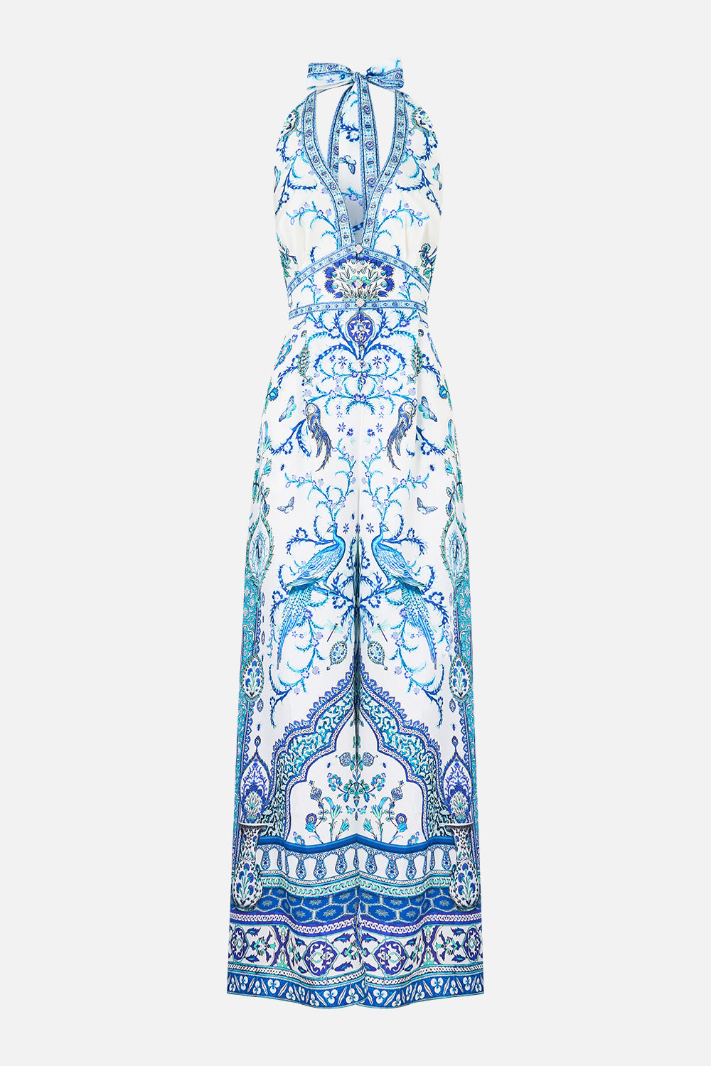 The CAMILLA halterneck jumpsuit with tie neck from our print Isnik lullaby, front product view