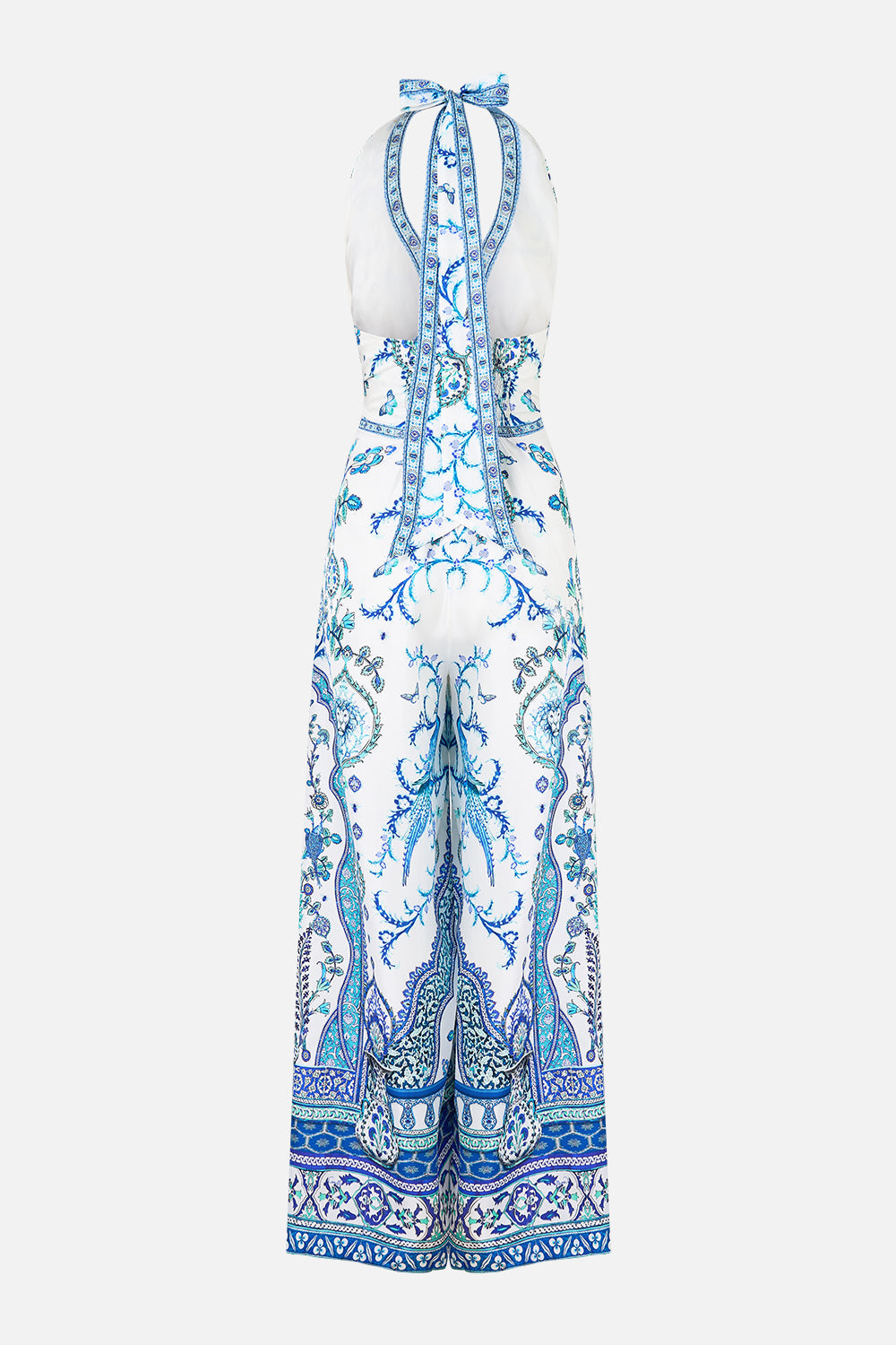 The CAMILLA halterneck jumpsuit with tie neck from our print Isnik lullaby, back product view