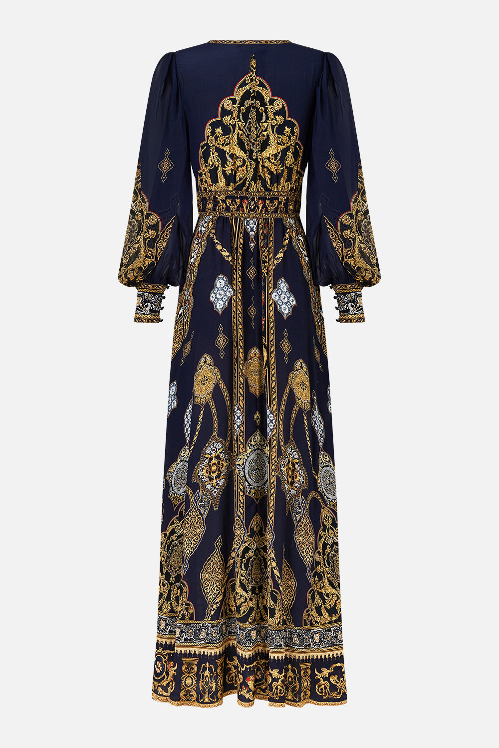 The CAMILLA SHAPED WAISTBAND DRESS WITH GATHERED SLEEVES THE IMPERIAL GATE in our  print.