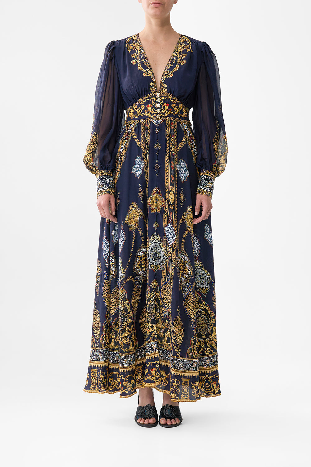 The CAMILLA SHAPED WAISTBAND DRESS WITH GATHERED SLEEVES THE IMPERIAL GATE in our THE IMPERIAL GATE print.