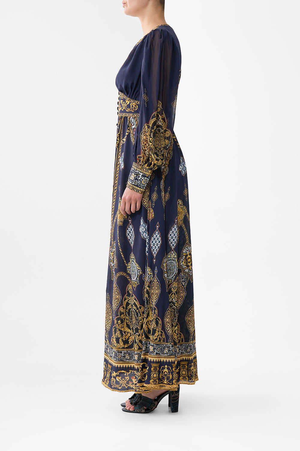 The CAMILLA SHAPED WAISTBAND DRESS WITH GATHERED SLEEVES THE IMPERIAL GATE in our  print.