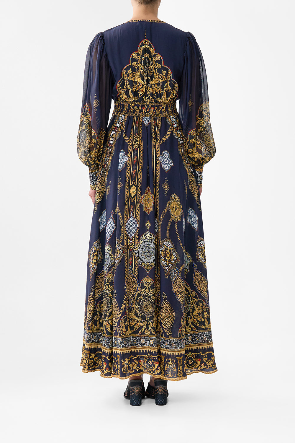 The CAMILLA SHAPED WAISTBAND DRESS WITH GATHERED SLEEVES THE IMPERIAL GATE in our  print.
