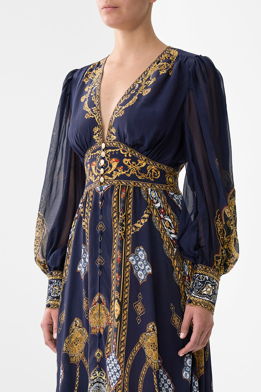 The CAMILLA SHAPED WAISTBAND DRESS WITH GATHERED SLEEVES THE IMPERIAL GATE in our  print.