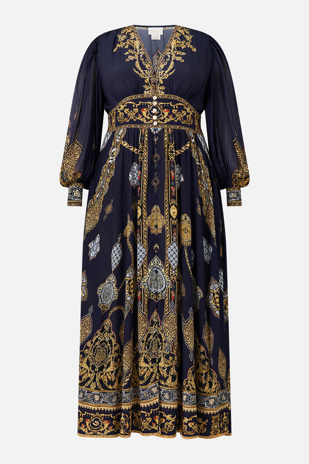 The CAMILLA SHAPED WAISTBAND DRESS WITH GATHERED SLEEVES THE IMPERIAL GATE in our  print.