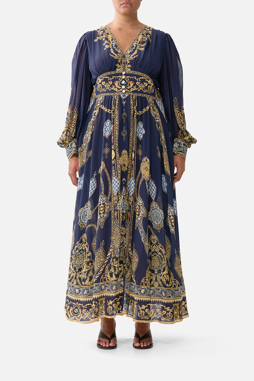 The CAMILLA SHAPED WAISTBAND DRESS WITH GATHERED SLEEVES THE IMPERIAL GATE in our  print.