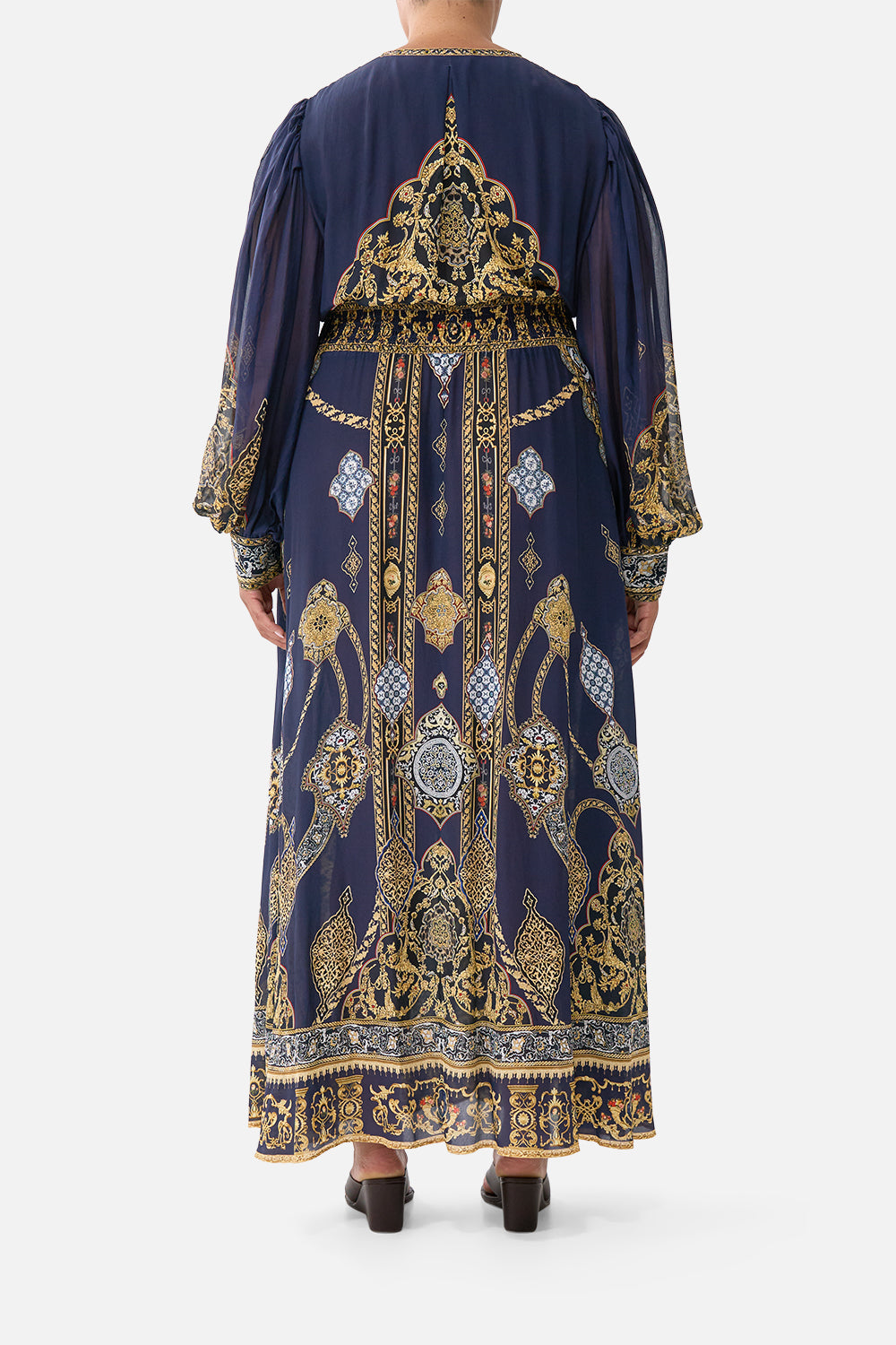 The CAMILLA SHAPED WAISTBAND DRESS WITH GATHERED SLEEVES THE IMPERIAL GATE in our  print.