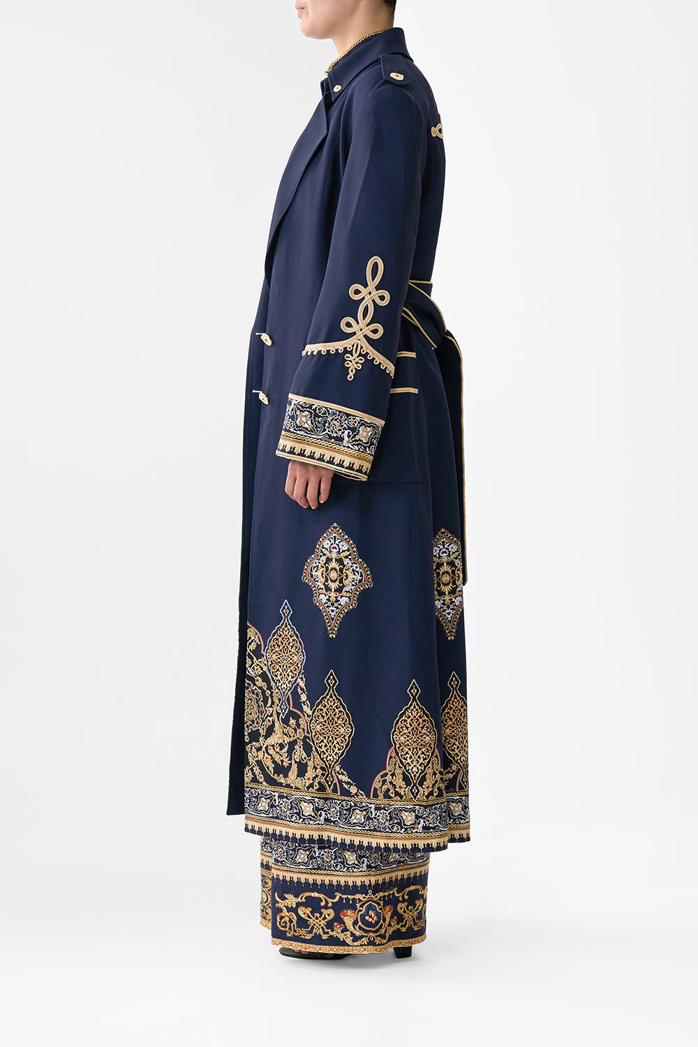 The CAMILLA long military coat from our print the imperial gate, side model view