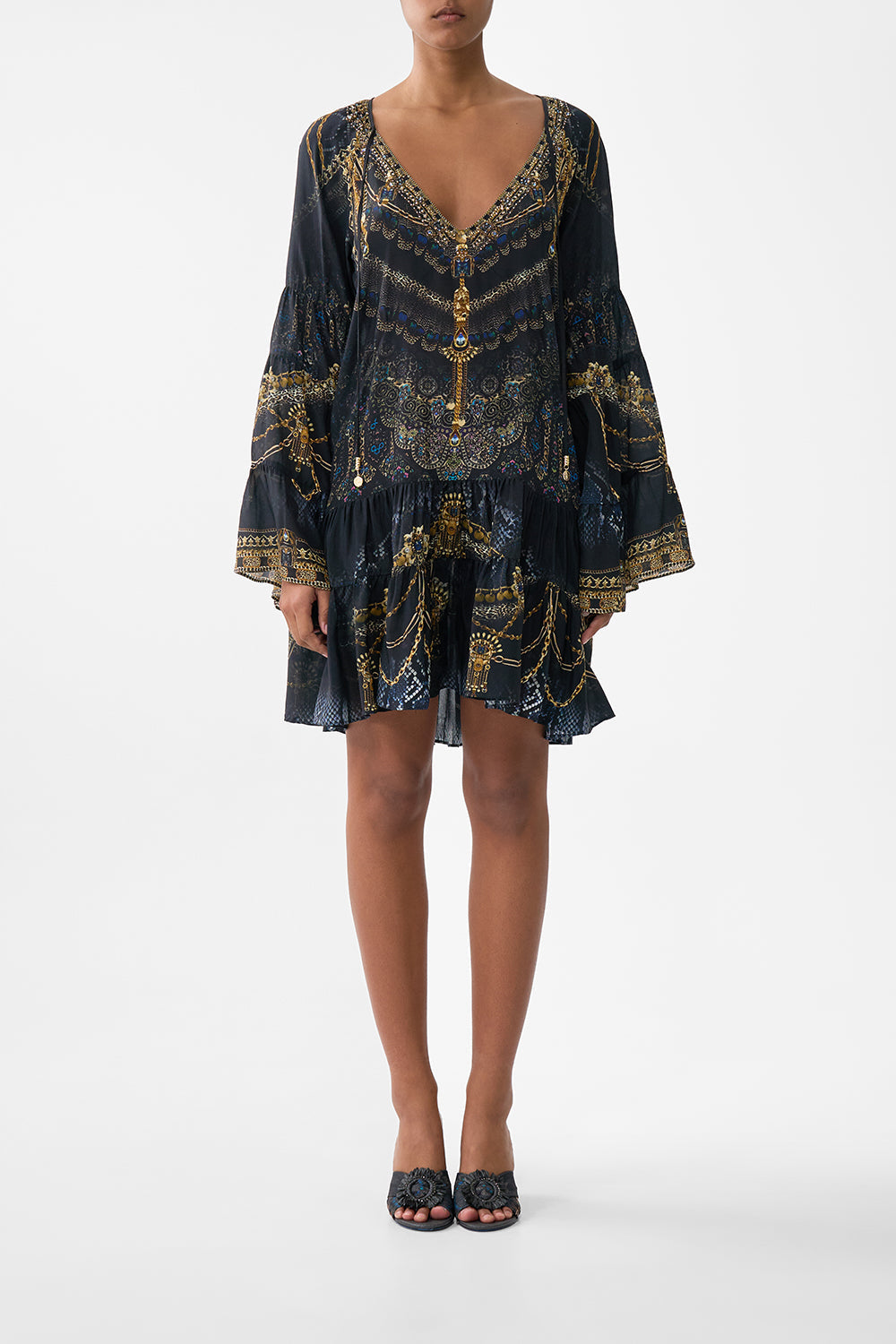 The CAMILLA A-LINE GATHERED PANEL DRESS SONG OF THE SOLSTICE in our SONG OF THE SOLSTICE print.