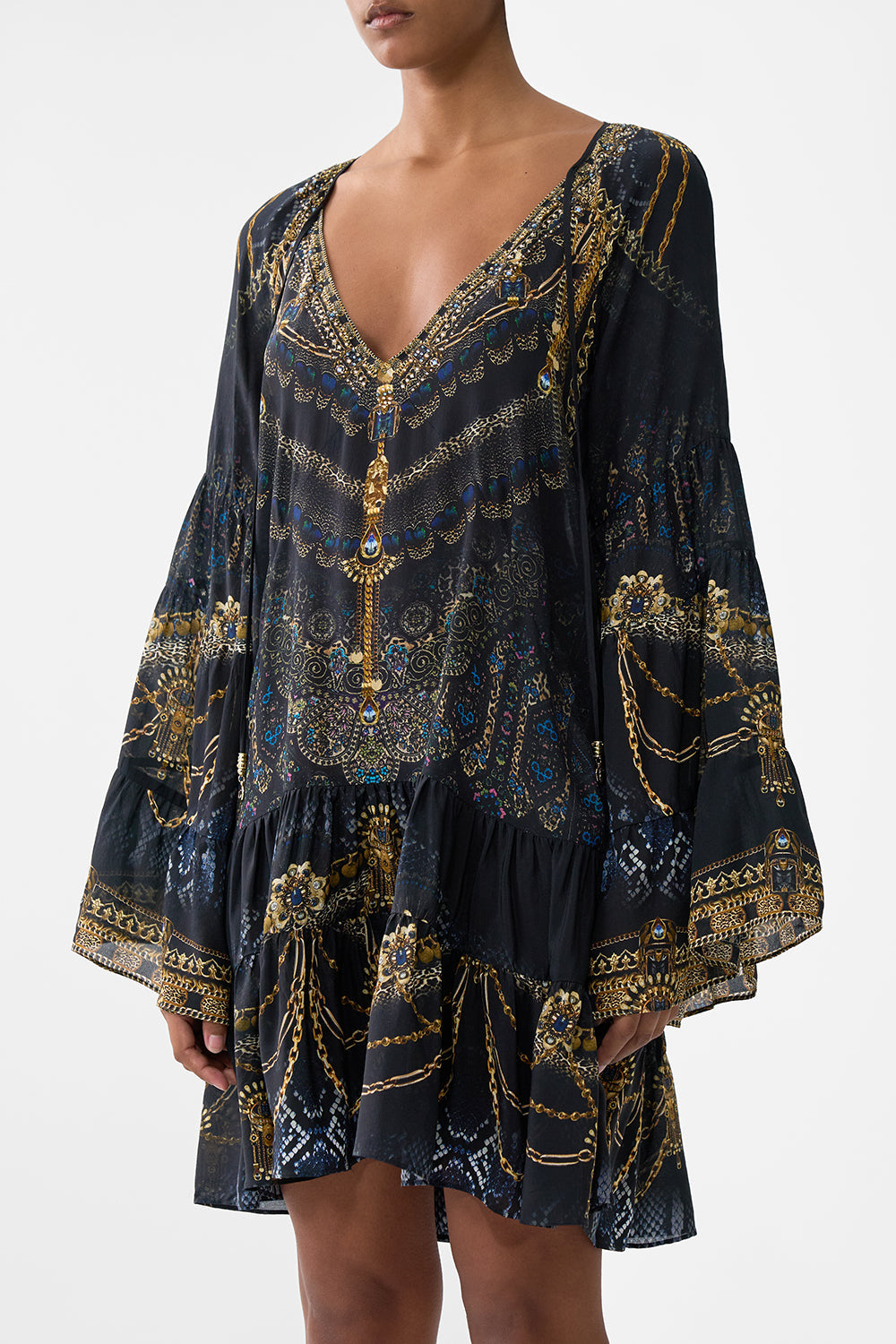 The CAMILLA A-LINE GATHERED PANEL DRESS SONG OF THE SOLSTICE in our  print.