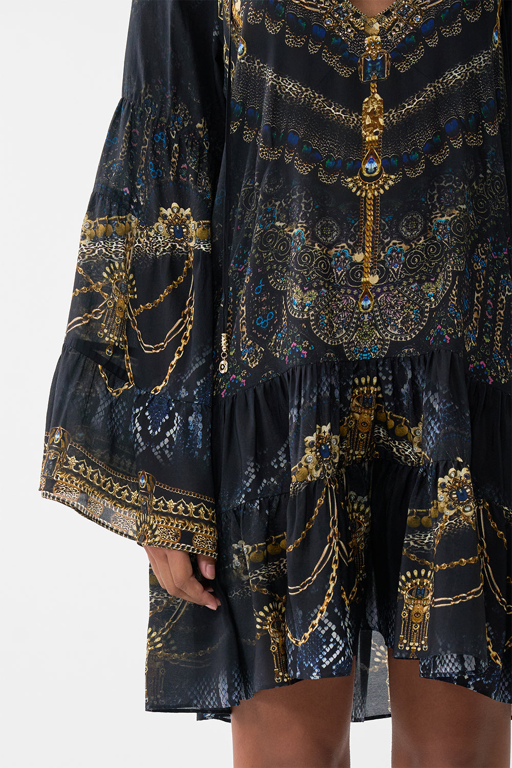 The CAMILLA A-LINE GATHERED PANEL DRESS SONG OF THE SOLSTICE in our  print.