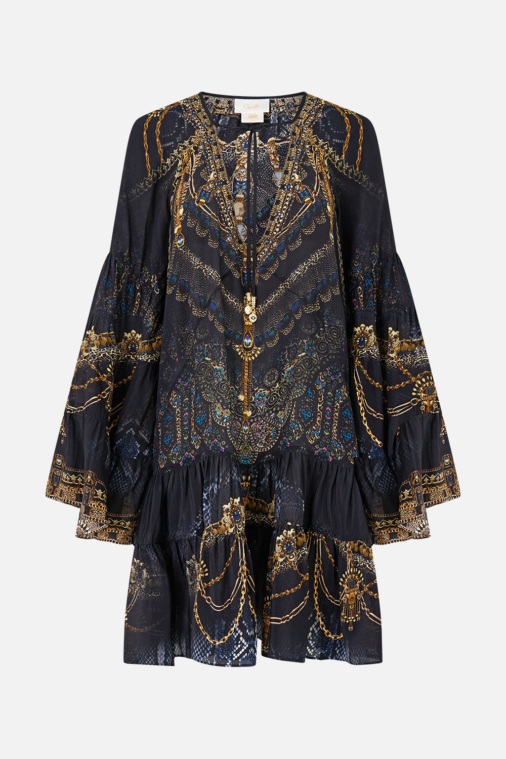 The CAMILLA A-LINE GATHERED PANEL DRESS SONG OF THE SOLSTICE in our  print.