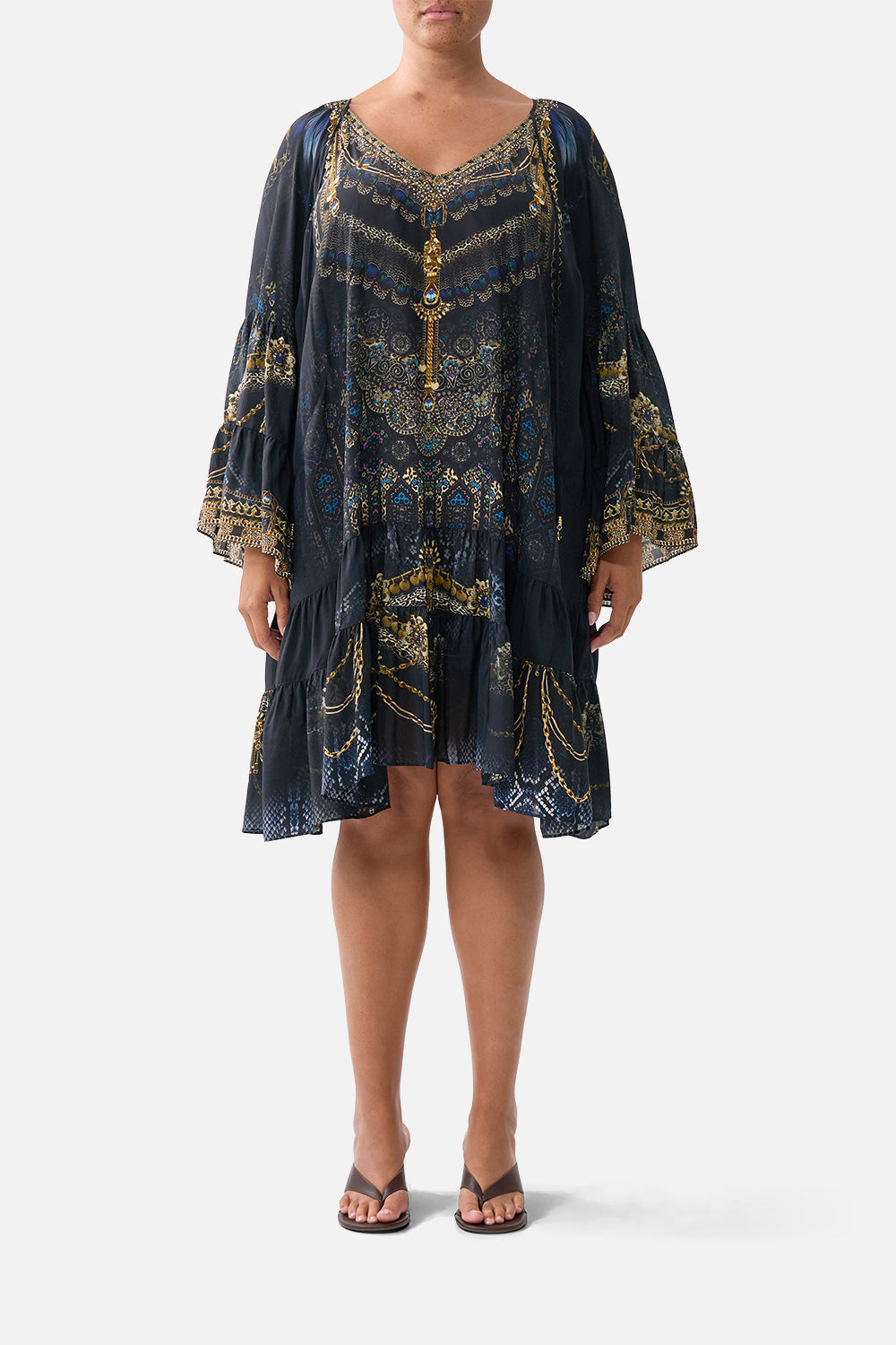 The CAMILLA A-LINE GATHERED PANEL DRESS SONG OF THE SOLSTICE in our  print.