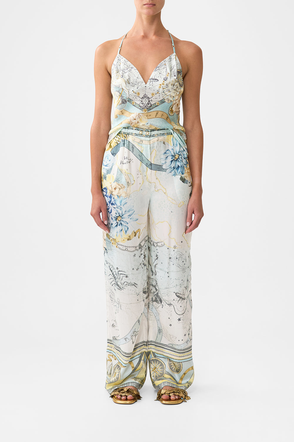 The CAMILLA BUTTON FRONT LOUNGE PANT MY LUCKY STARS in our MY LUCKY STARS print.