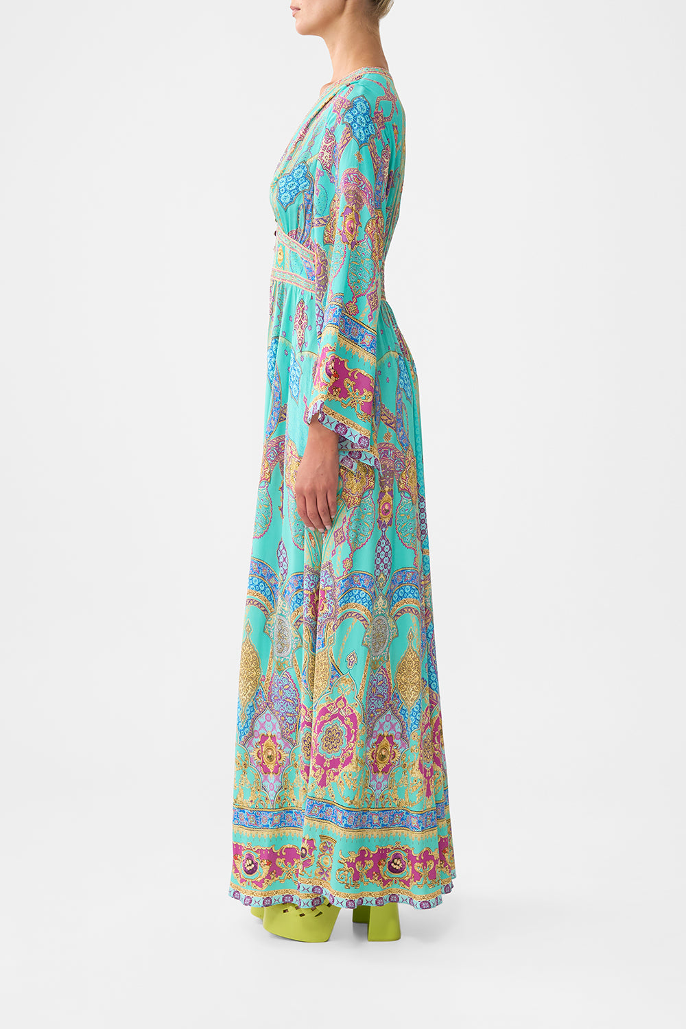 The CAMILLA kimono sleeve dress with shirring detail from our print the concubines corridor