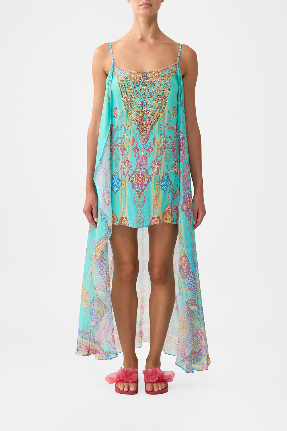 The CAMILLA mini dress with long overlay from our print the concubines corridor