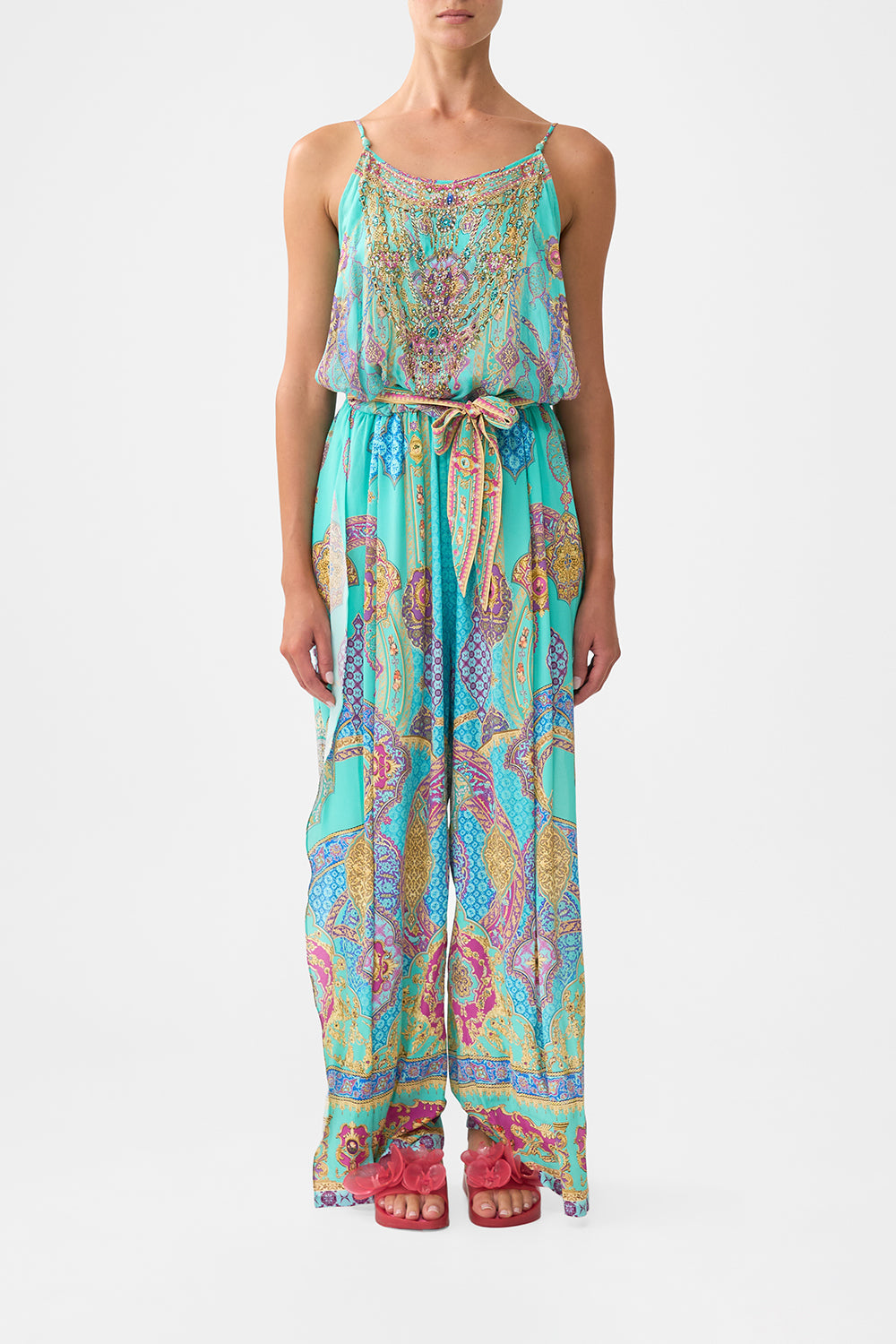 The CAMILLA shoestring strap jumpsuit from our print the concubines corridor