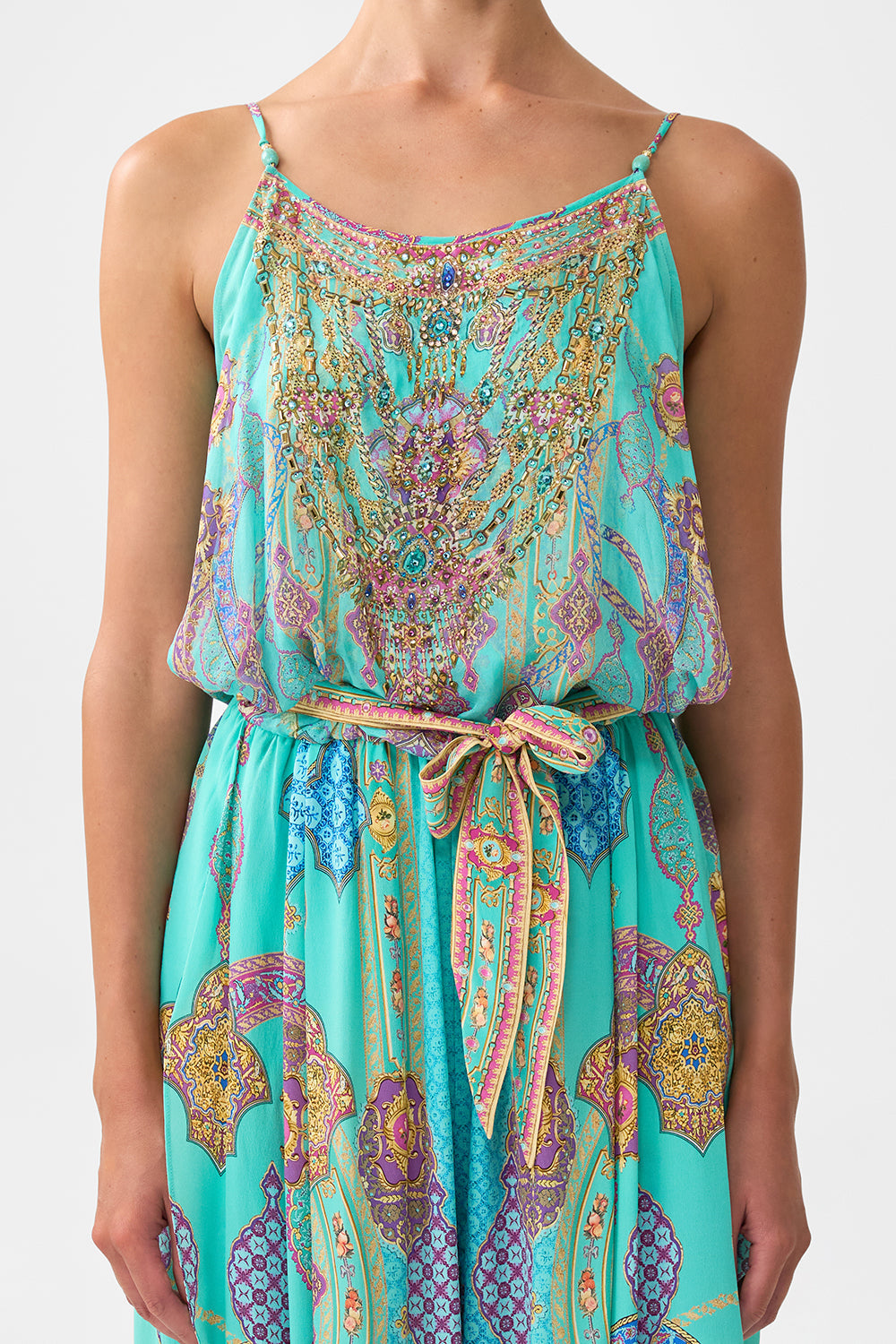 The CAMILLA shoestring strap jumpsuit from our print the concubines corridor