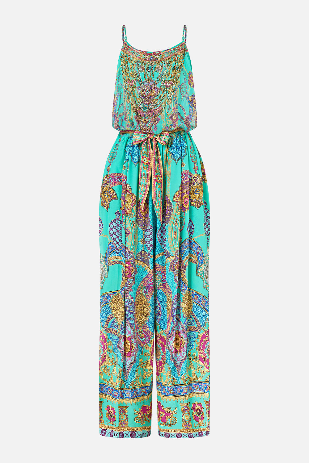 The CAMILLA shoestring strap jumpsuit from our print the concubines corridor, front product view