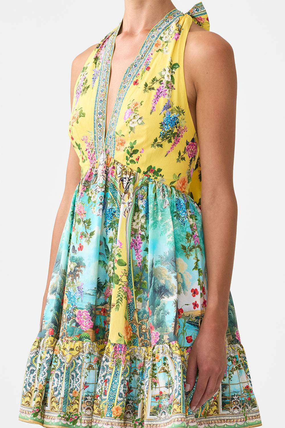The CAMILLA ruffle hem halter short dress from our print tales of Topkapi palace