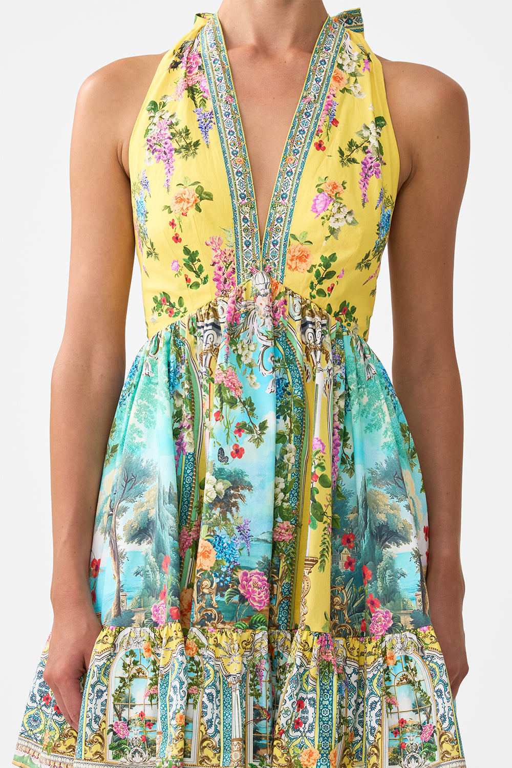 The CAMILLA ruffle hem halter short dress from our print tales of Topkapi palace