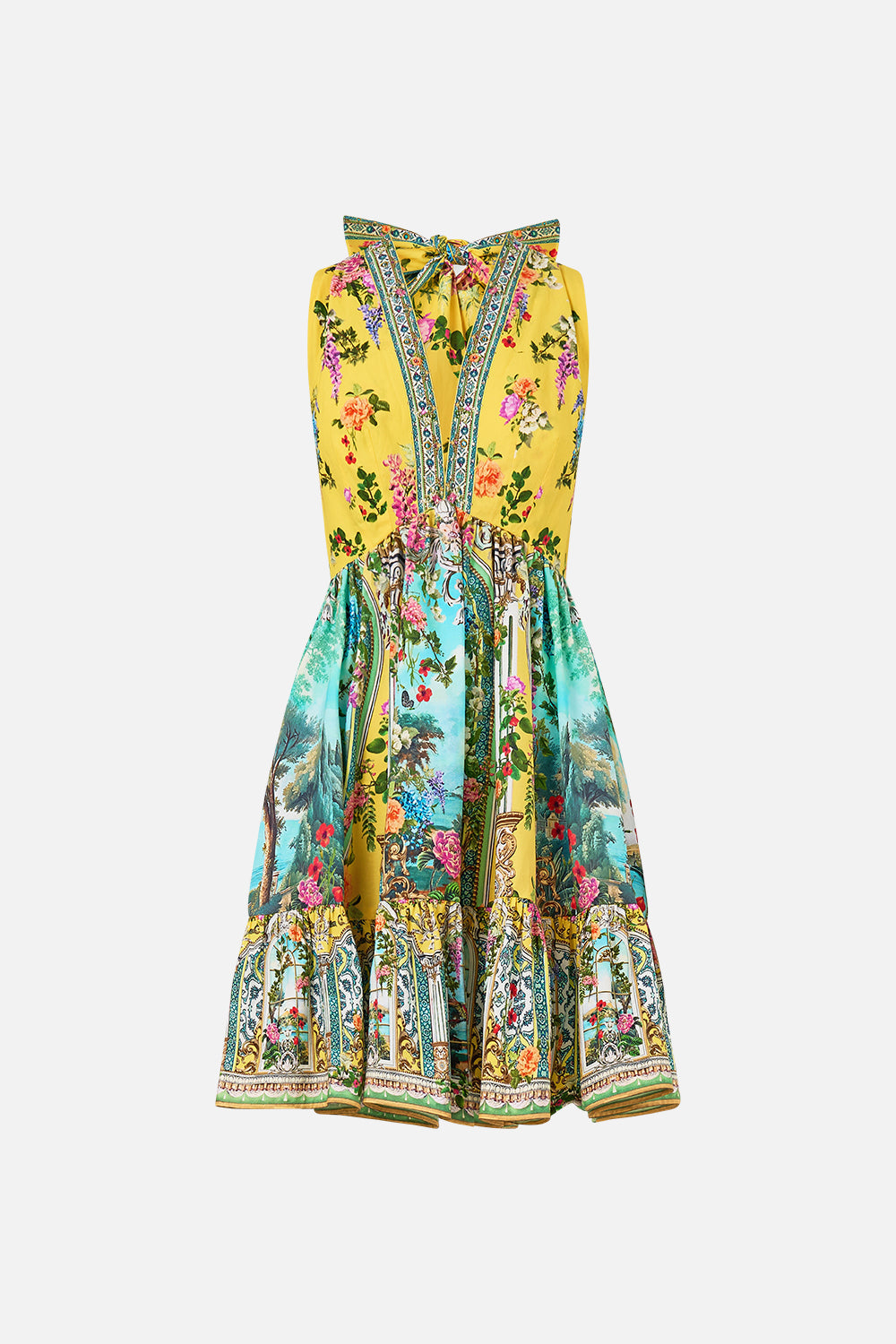 The CAMILLA ruffle hem halter short dress from our print tales of Topkapi palace, front product view