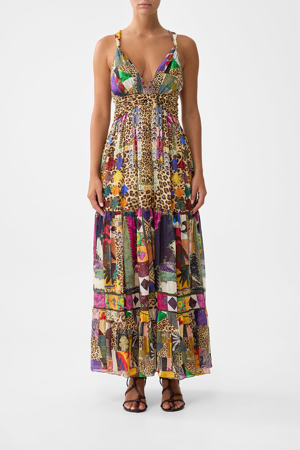 The CAMILLA BEAD STRAP GATHERED PANEL DRESS EMBROIDERED EVER AFTER in our EMBROIDERED EVER AFTER print.