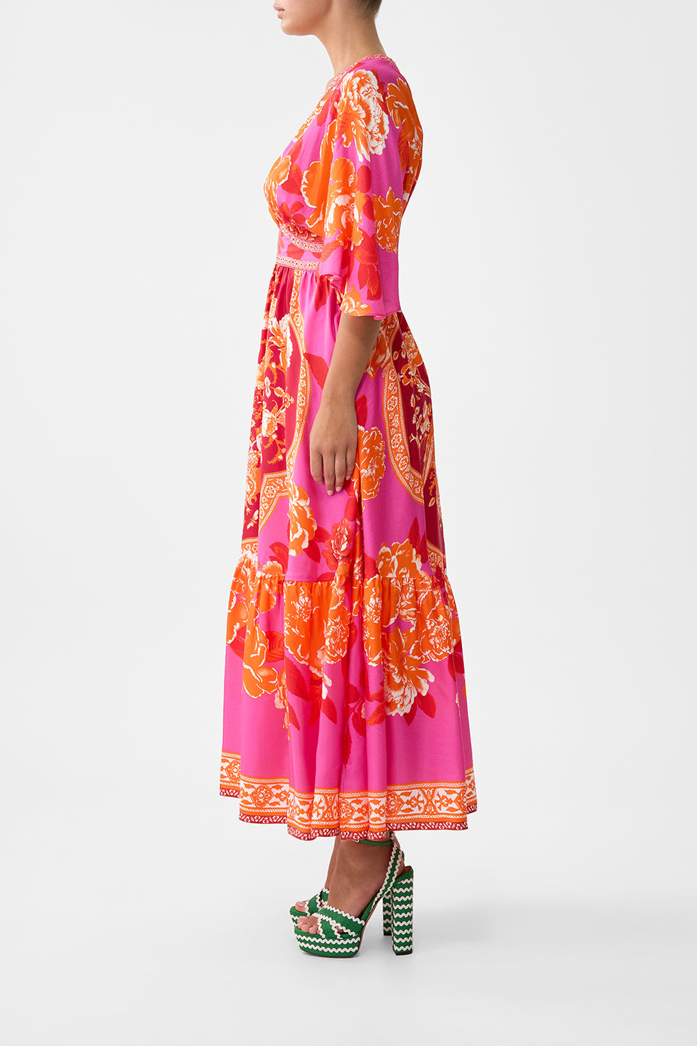 The CAMILLA WAISTED DRESS WITH HEM RUFFLE TILES OF TÜRKIYE in our  print.