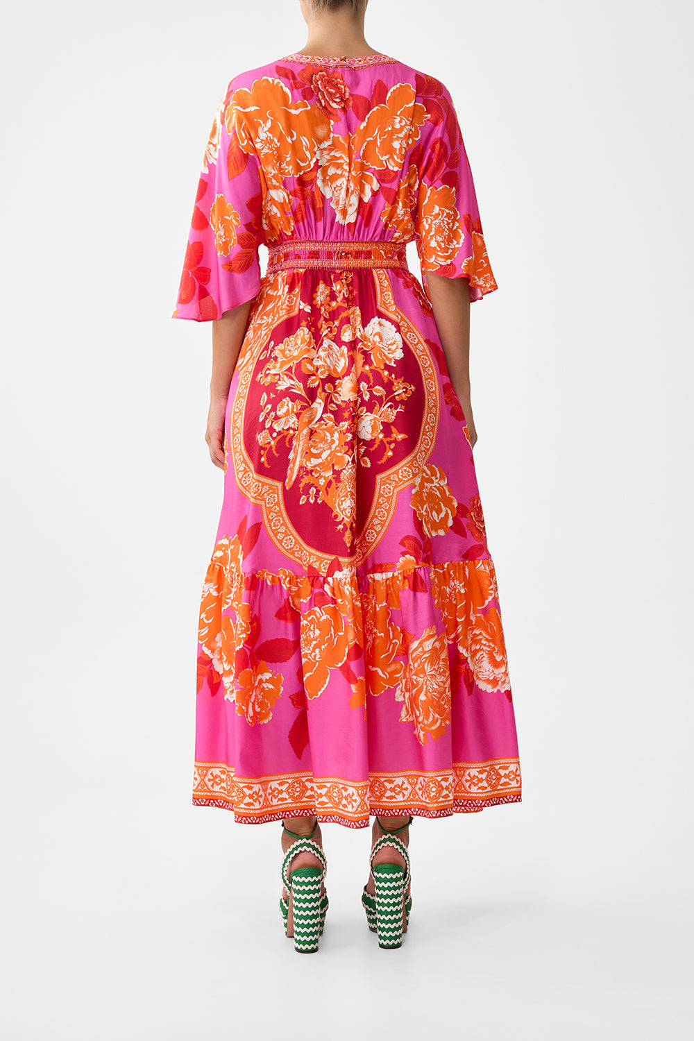 The CAMILLA WAISTED DRESS WITH HEM RUFFLE TILES OF TÜRKIYE in our  print.