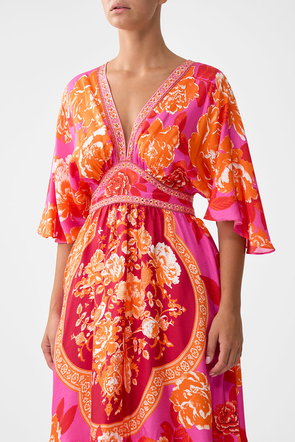 The CAMILLA WAISTED DRESS WITH HEM RUFFLE TILES OF TÜRKIYE in our  print.