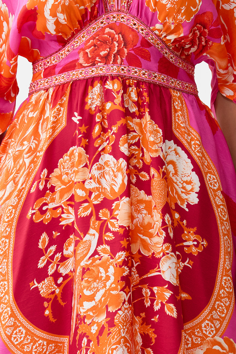 The CAMILLA WAISTED DRESS WITH HEM RUFFLE TILES OF TÜRKIYE in our  print.