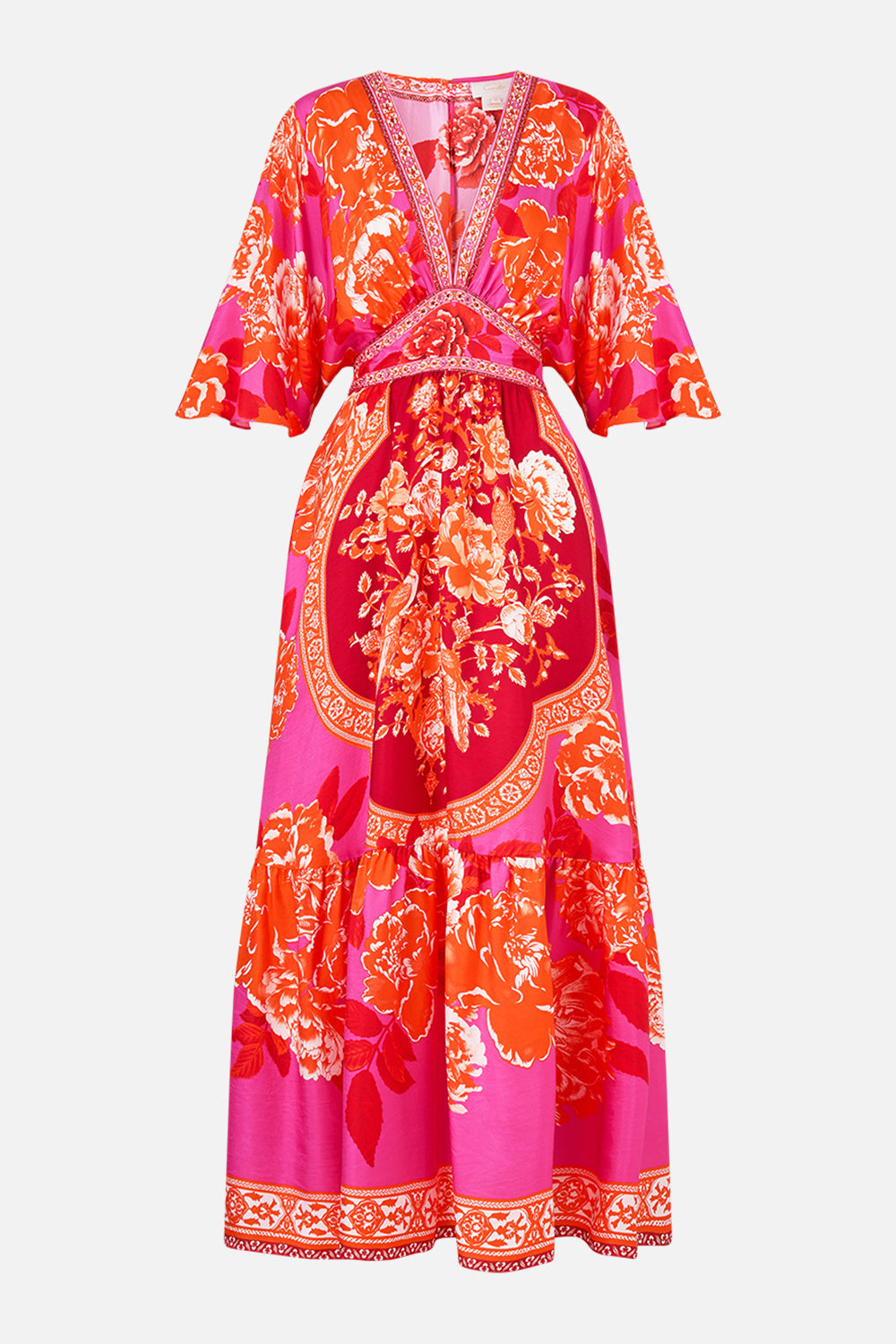 The CAMILLA WAISTED DRESS WITH HEM RUFFLE TILES OF TÜRKIYE in our  print.