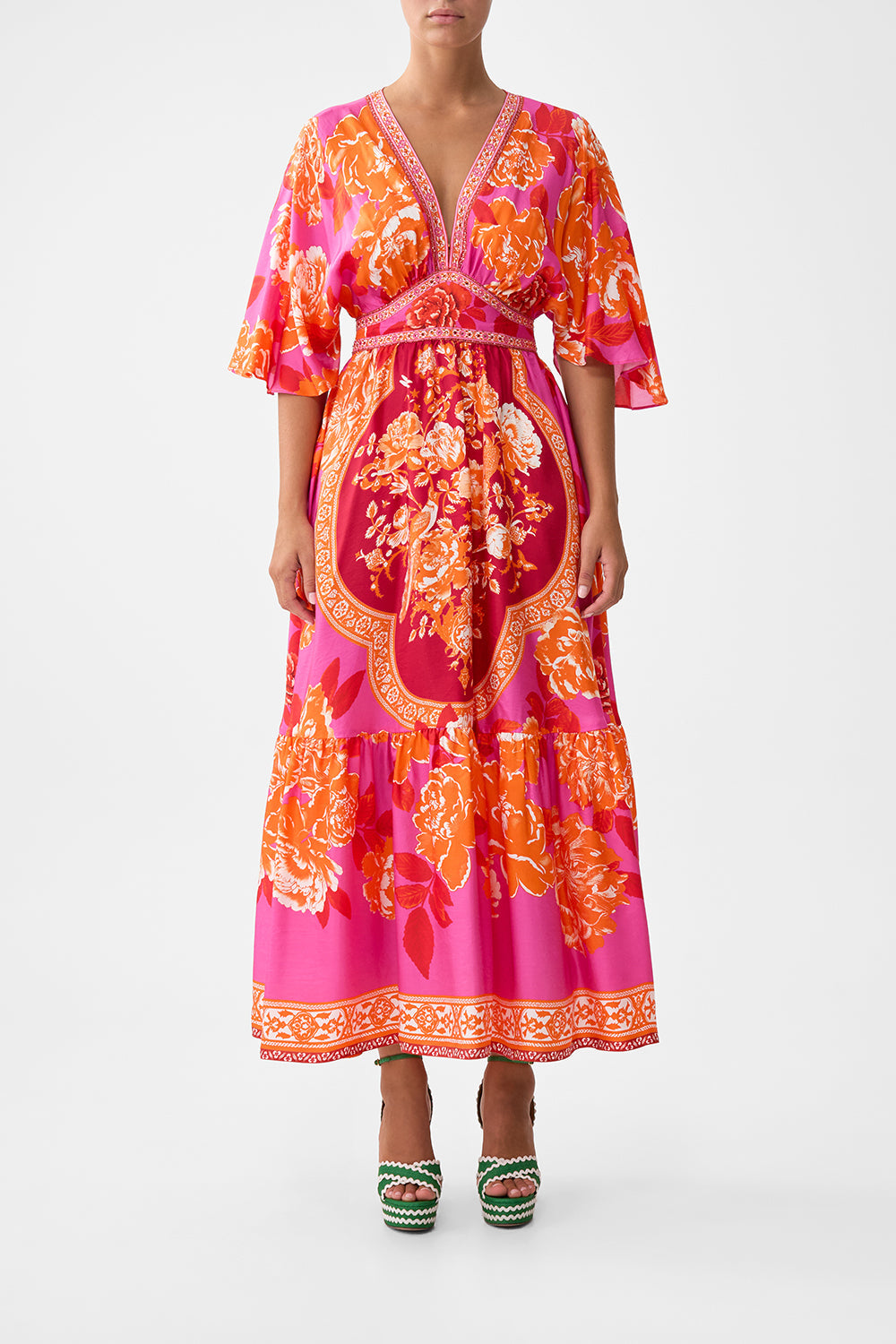 The CAMILLA waisted dress with hem ruffle from our print tiles of Türkiye, front model view