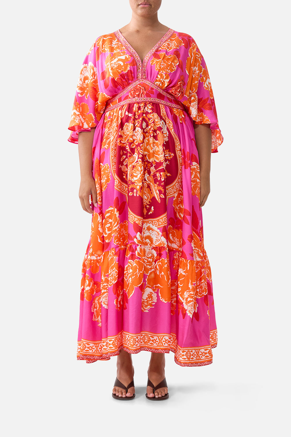 The CAMILLA WAISTED DRESS WITH HEM RUFFLE TILES OF TÜRKIYE in our  print.