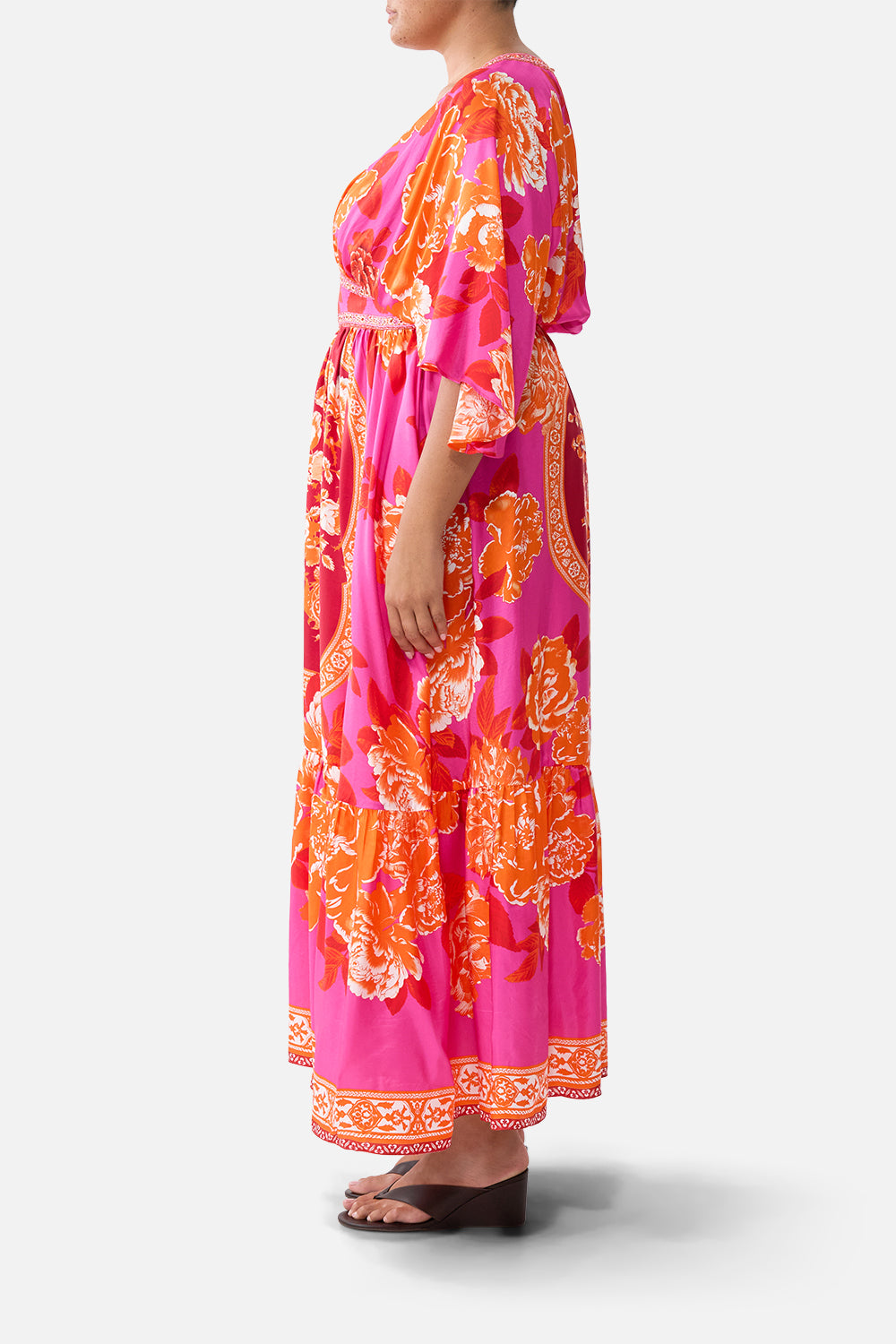 The CAMILLA WAISTED DRESS WITH HEM RUFFLE TILES OF TÜRKIYE in our  print.