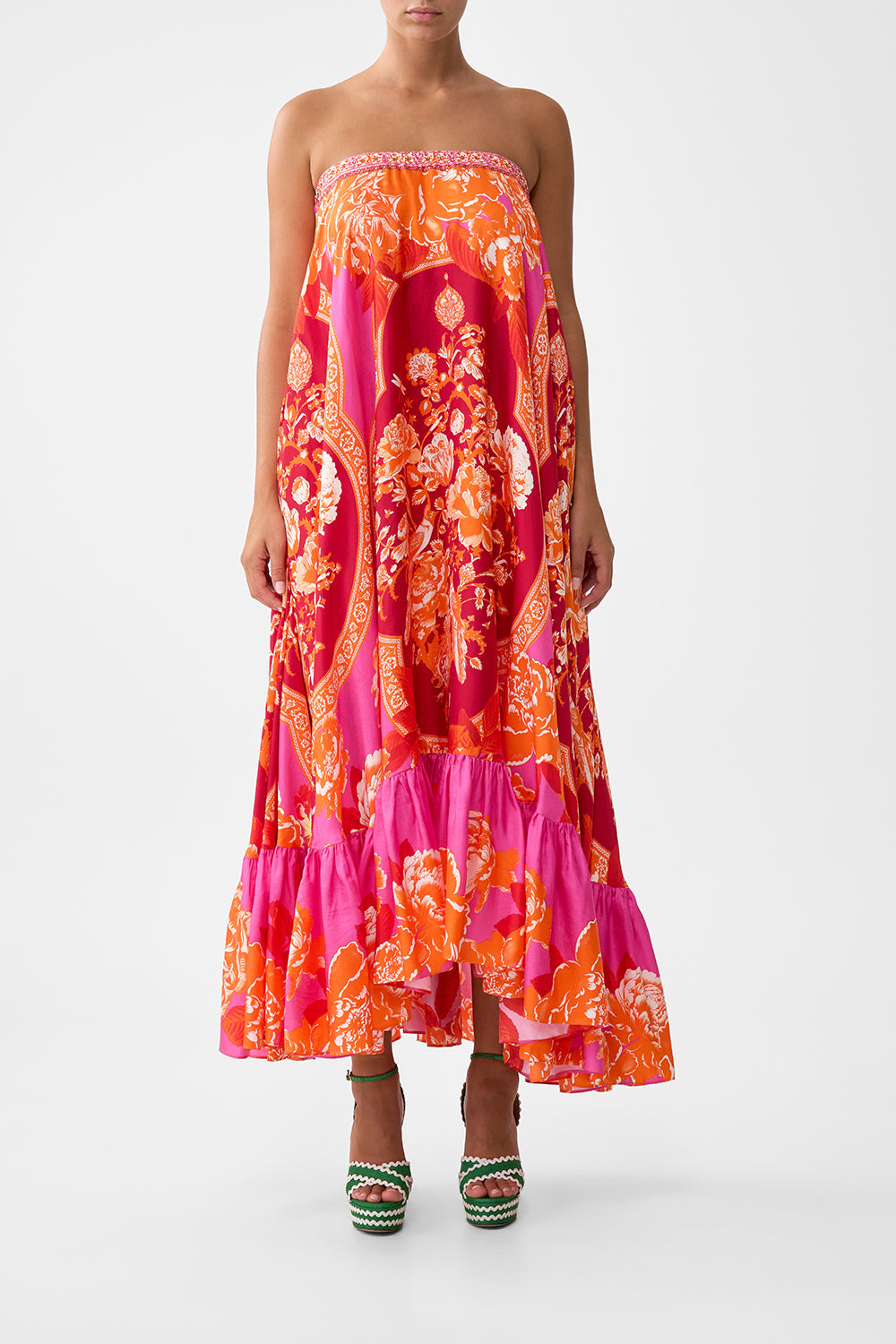 The CAMILLA STRAPLESS MAXI WITH RUFFLE HEM TILES OF TÜRKIYE in our TILES OF TÜRKIYE print.
