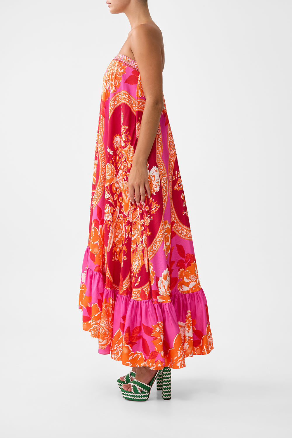 The CAMILLA STRAPLESS MAXI WITH RUFFLE HEM TILES OF TÜRKIYE in our  print.