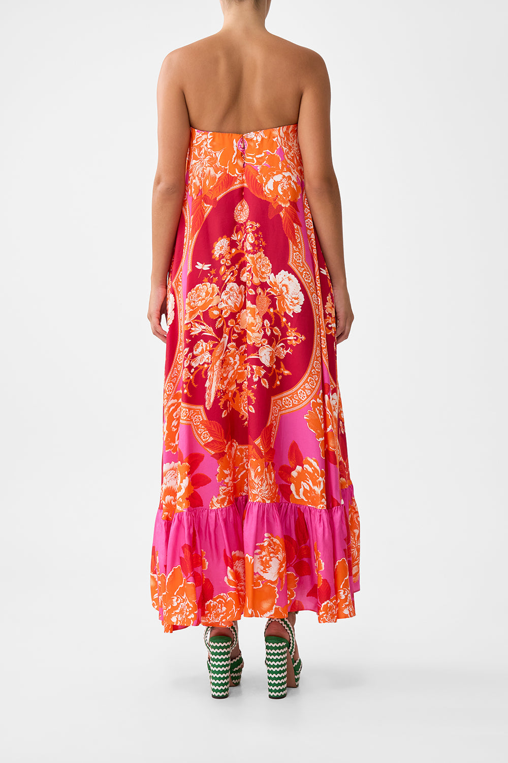 The CAMILLA STRAPLESS MAXI WITH RUFFLE HEM TILES OF TÜRKIYE in our  print.