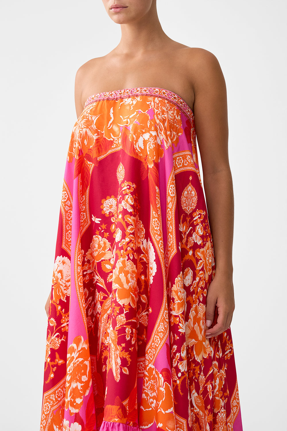 The CAMILLA STRAPLESS MAXI WITH RUFFLE HEM TILES OF TÜRKIYE in our  print.