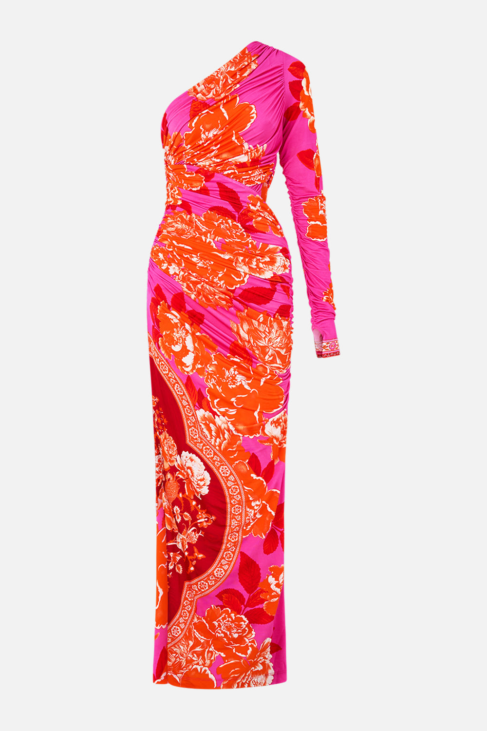 VESTIDO DE PUNTO CON ABERTURAS Y UN SOLO HOMBRO, INSPIRADO EN LOS AZULEJOS DE TURQUÍA