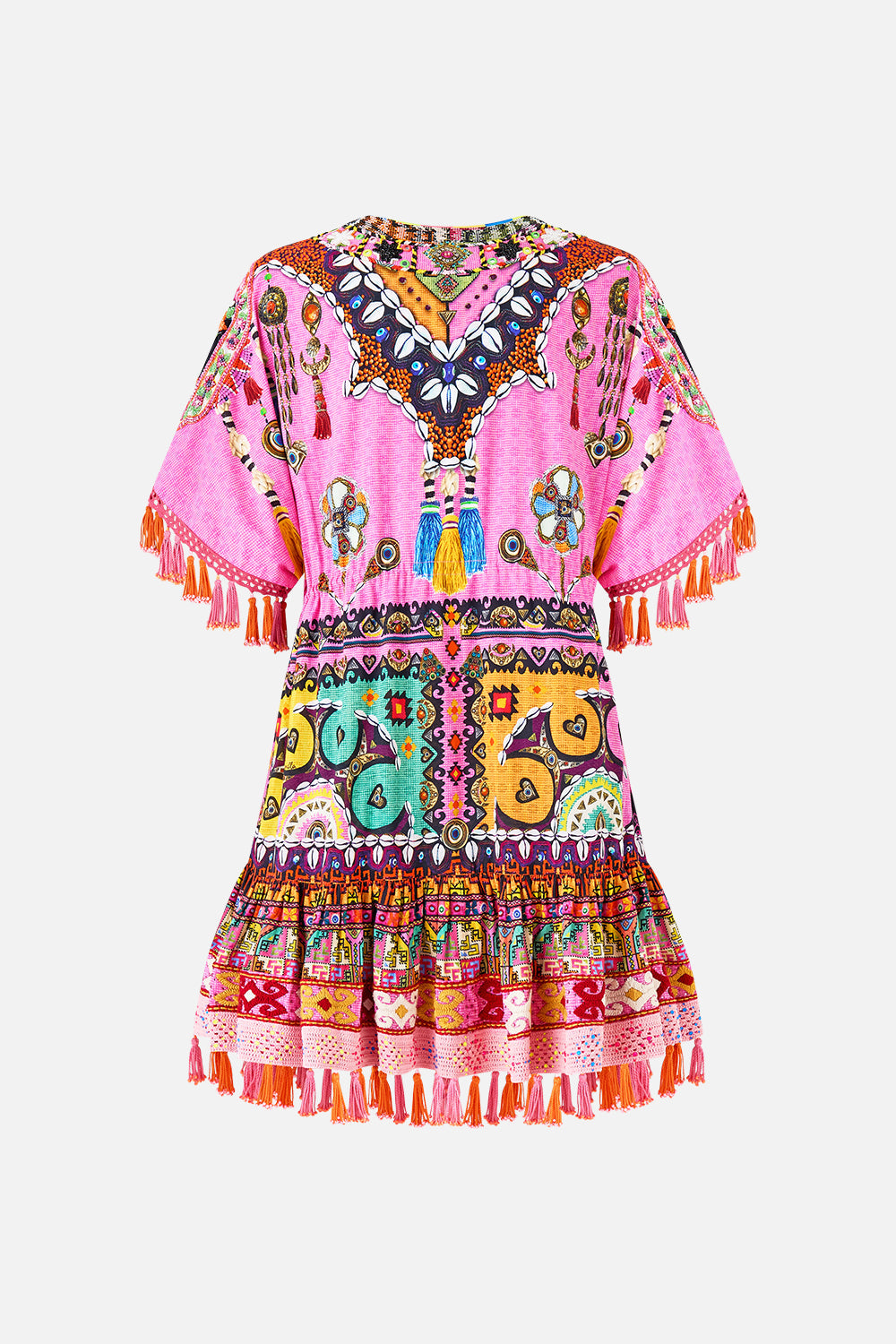VESTIDO CORTO CON ESCOTE EN V Y BORDADOS CON ESTAMPADO DE RETALES PANORÁMICO