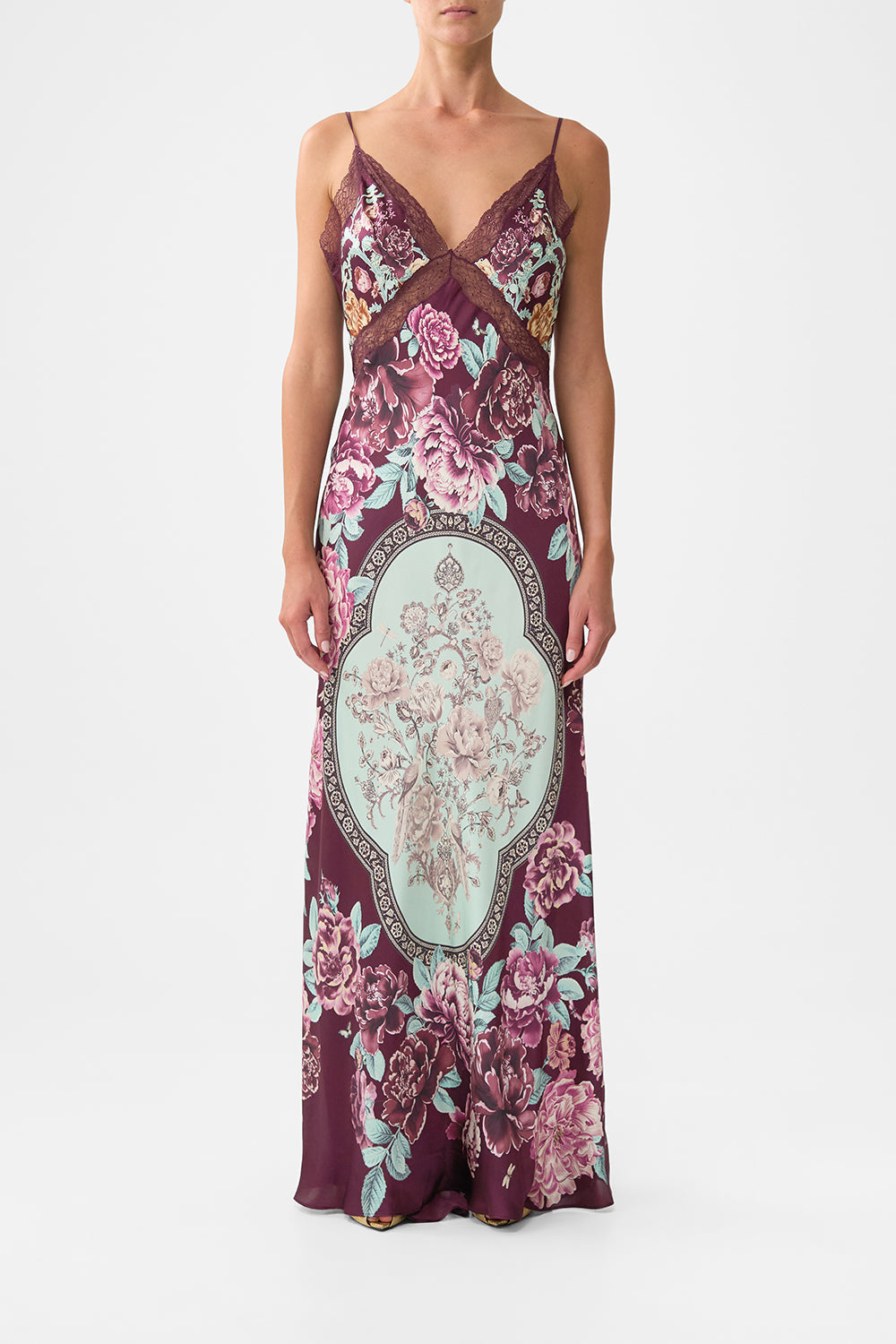 The CAMILLA v-neck long bias slip dress with train from our print if these tiles could talk