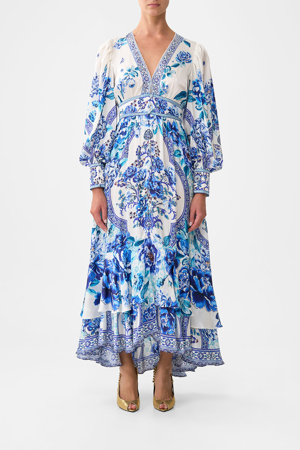 The CAMILLA LONG BUTTON FRONT DRESS A CERAMIC GARDEN in our A CERAMIC GARDEN print.