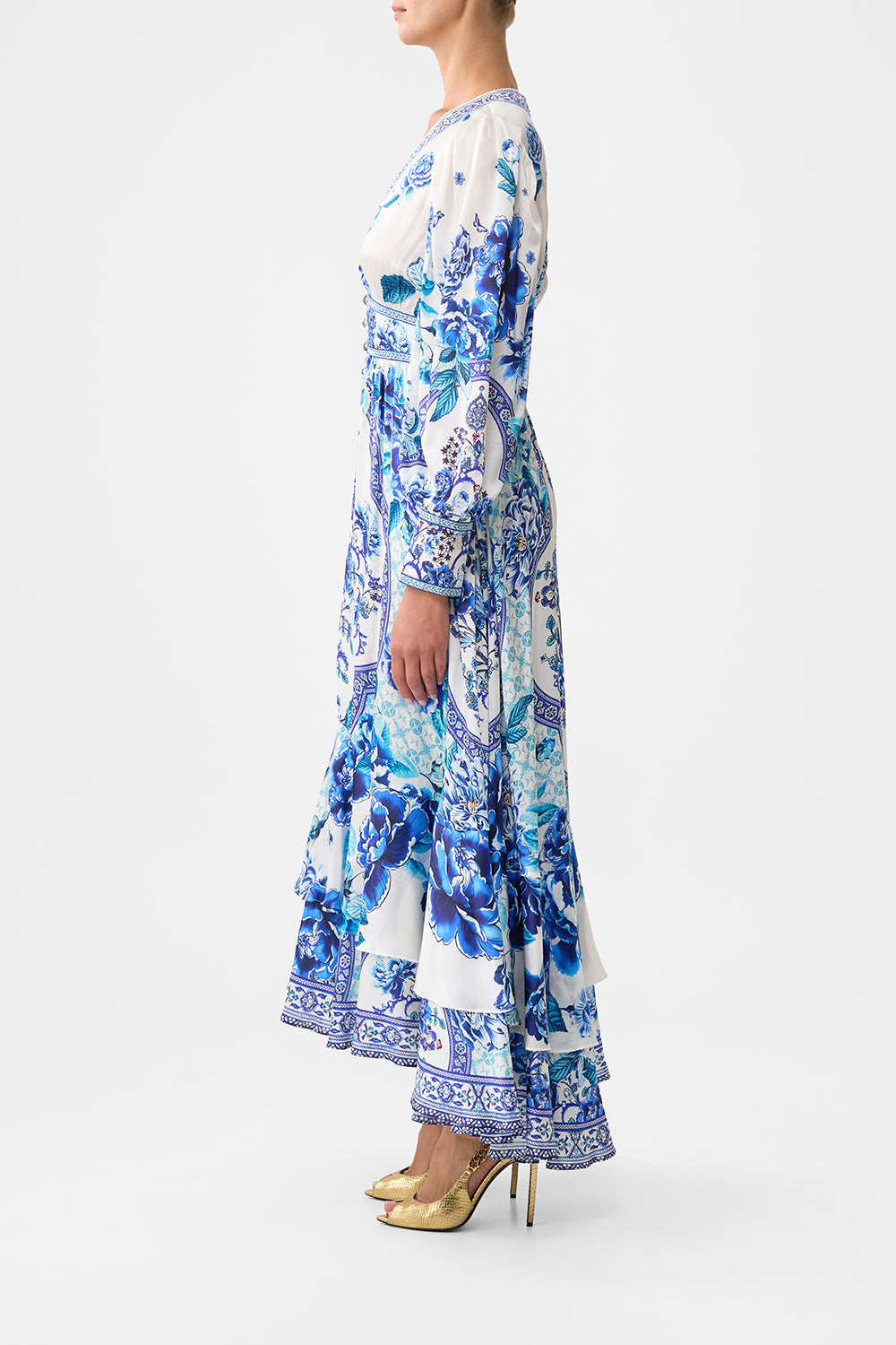 The CAMILLA LONG BUTTON FRONT DRESS A CERAMIC GARDEN in our  print.