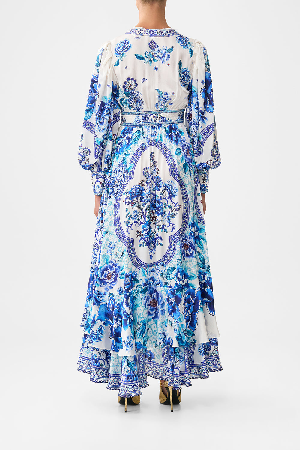 The CAMILLA LONG BUTTON FRONT DRESS A CERAMIC GARDEN in our  print.
