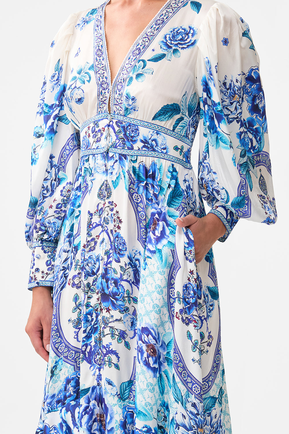 The CAMILLA LONG BUTTON FRONT DRESS A CERAMIC GARDEN in our  print.